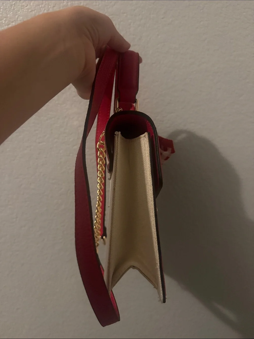 Aldo Cream Canvas Satchel with Red Trim & Gingham Bow